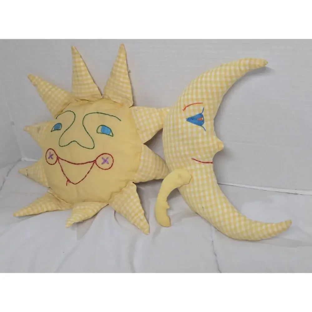 Pair Vintage 60s Celestial Whimsigoth Plaid Sun Moon Stuffed Pillows No Brand